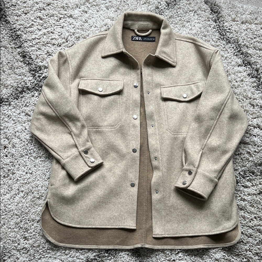 Zara Beige Oversized Wool-Blend Shacket